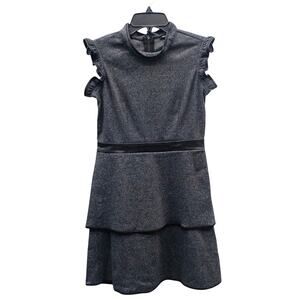 Miss Behave Girls Carol Knit Dress Girls 12 Gray Black Faux Leather Ruffle Party